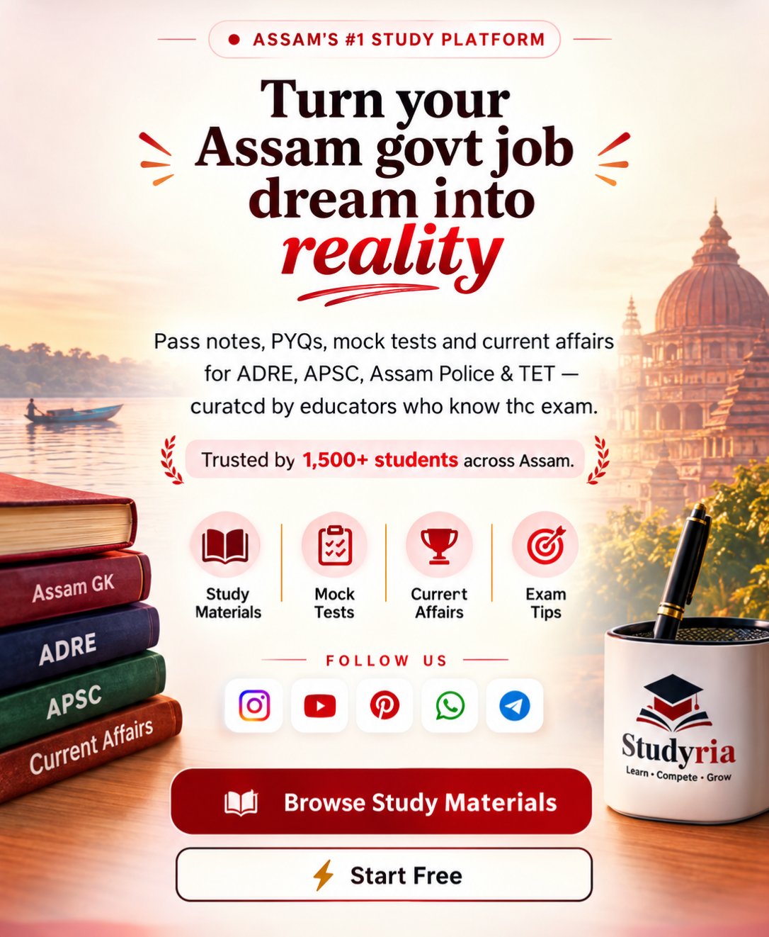 Studyria — Assam's #1 Study Platform. Turn your Assam govt job dream into reality. Browse Study Materials. Start Free. Follow us on Instagram, YouTube, Pinterest, WhatsApp, Telegram.
