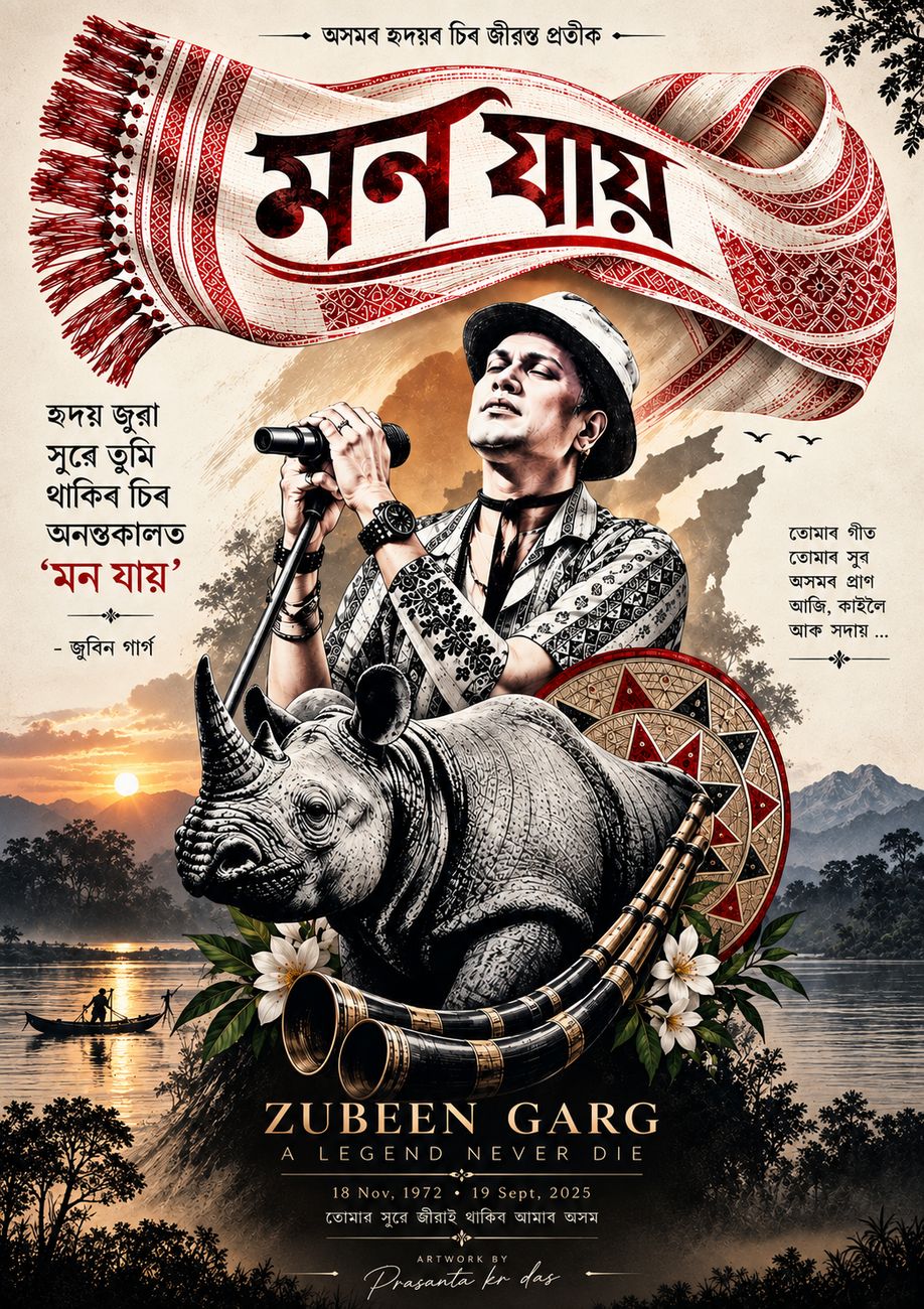 জুবিন দালৈ শ্ৰদ্ধাঞ্জলি চিত্ৰ — গামোচা, মাইক্ৰ'ফোন আৰু অসমৰ প্ৰতীক একশৃঙ্গ গঁড় সহ। শিল্পী: Prasanta Kr Das